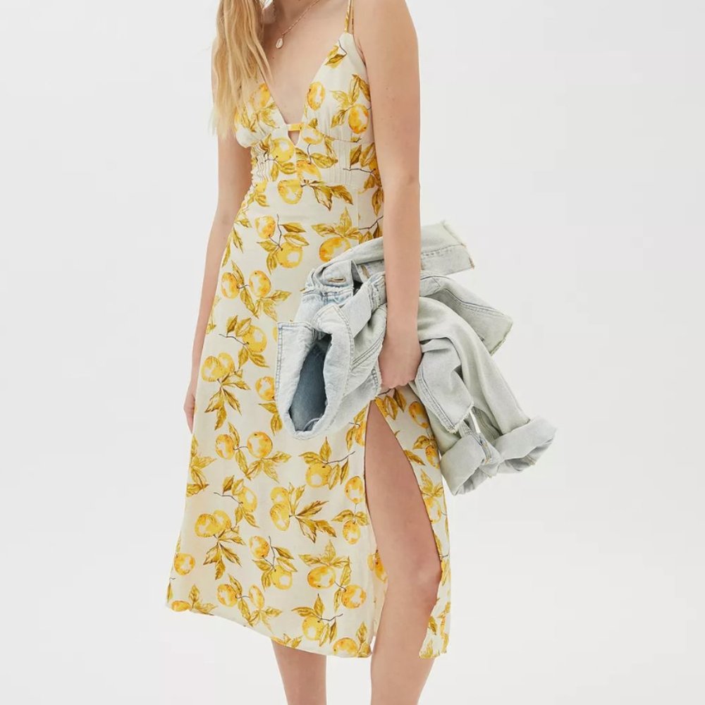 UO First Sight Lemon Midi Dress Summer Spring Linen